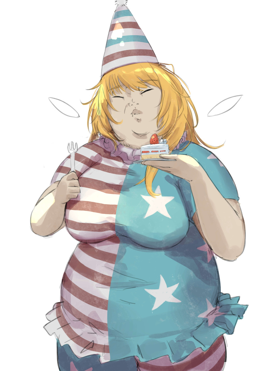 1girl absurdres american_flag_dress american_flag_legwear blonde_hair breasts cake clownpiece detached_wings double_chin fairy_wings fat food fork hat highres holding holding_fork holding_plate jester_cap kiyonetto large_breasts long_hair neck_ruff obese pantyhose party_hat plate pointy_hat solo star_(symbol) star_print striped touhou wings