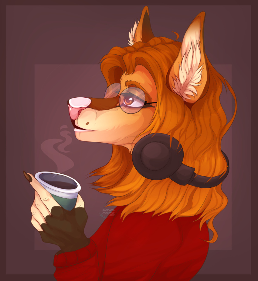 2019 anthro artist_name beverage brown_eyes bust_portrait canid clothed clothing dated eyewear female fur glasses gradient_fur hair headphones hi_res holding_beverage holding_object mammal orange_body orange_fur orange_hair pink_nose portrait red_clothing red_topwear round_glasses santanahoffman side_view simple_background solo steam tan_body tan_fur topwear