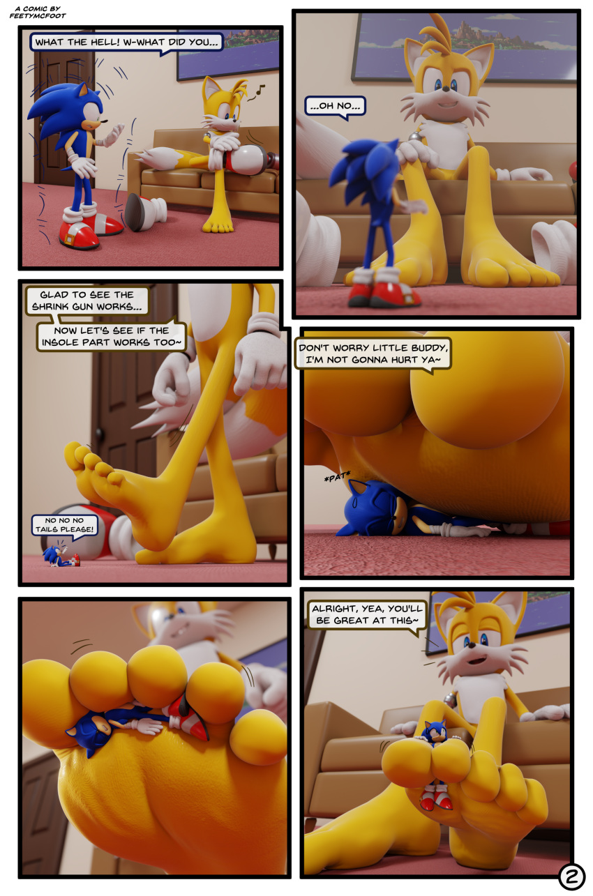 5_toes absurd_res anthro between_toes canid canine comic duo eulipotyphlan feet feetymcfoot foot_fetish foot_focus foot_play fox hedgehog hi_res humanoid_feet male mammal micro miles_prower sega shrinking size_transformation soles sonic_the_hedgehog sonic_the_hedgehog_(series) speech_bubble toes trampling transformation underfoot