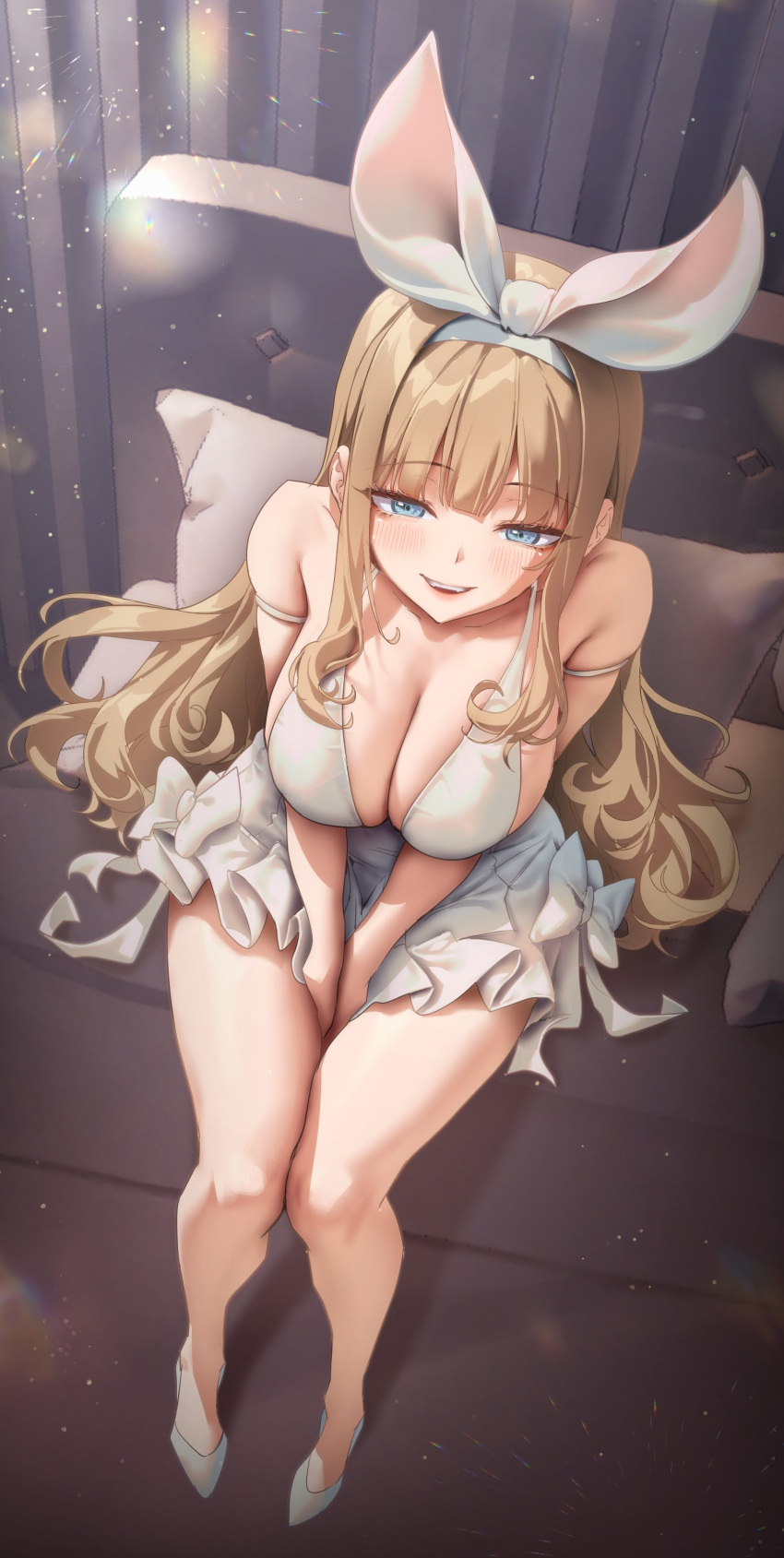 1girl absurdres arm_strap bangs bare_shoulders between_legs blue_eyes blush breasts brown_hair cleavage dress from_above full_body hair_ornament hairband hand_between_legs highres large_breasts long_hair muloli original parted_lips sideboob sitting smile solo thighs white_dress white_footwear white_hairband