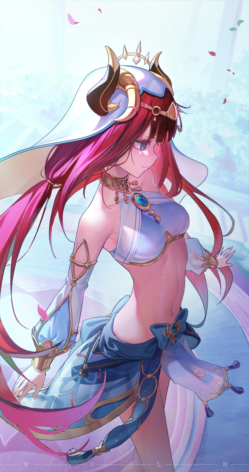 1girl arms_at_sides bare_shoulders blue_bow blue_eyes blue_skirt bow breasts brooch circlet closed_mouth cowboy_shot crop_top detached_sleeves falling_petals floating_hair genshin_impact gold_trim harem_outfit hei_huo_chong highres horns jewelry linea_alba long_hair long_sleeves looking_down looking_to_the_side low_twintails medium_breasts navel neck_ring nilou_(genshin_impact) pelvic_curtain petals puffy_long_sleeves puffy_sleeves sidelocks skirt smile solo stomach thighs twintails vambraces veil