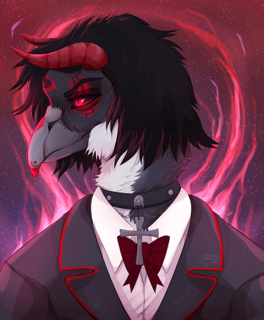 2019 abstract_background anthro artist_name avian beak black_hair black_sclera bust_portrait clothed clothing collar dated front_view fur grey_beak grey_body grey_clothing grey_collar grey_fur grey_topwear hair hi_res horn male mouth_closed portrait pupils red_bow_tie red_eyes red_horn santanahoffman short_hair slit_pupils solo topwear white_body white_clothing white_fur white_topwear