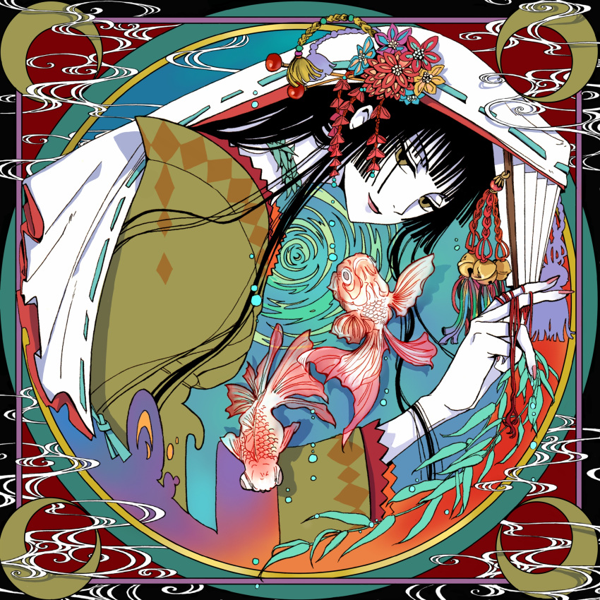 1girl abstract_background absurdres bangs black_hair blunt_bangs brown_eyes clamp_(circle)_(style) closed_mouth crescent_moon fish flower_ornament folded_fan folding_fan framed goldfish hand_fan highres hime_cut holding holding_fan ichihara_yuuko japanese_clothes kimono long_hair moon ornament red_nails sidelocks smile smoke_trail solo traditional_clothes veil white_veil wide_sleeves xxxholic zizipai