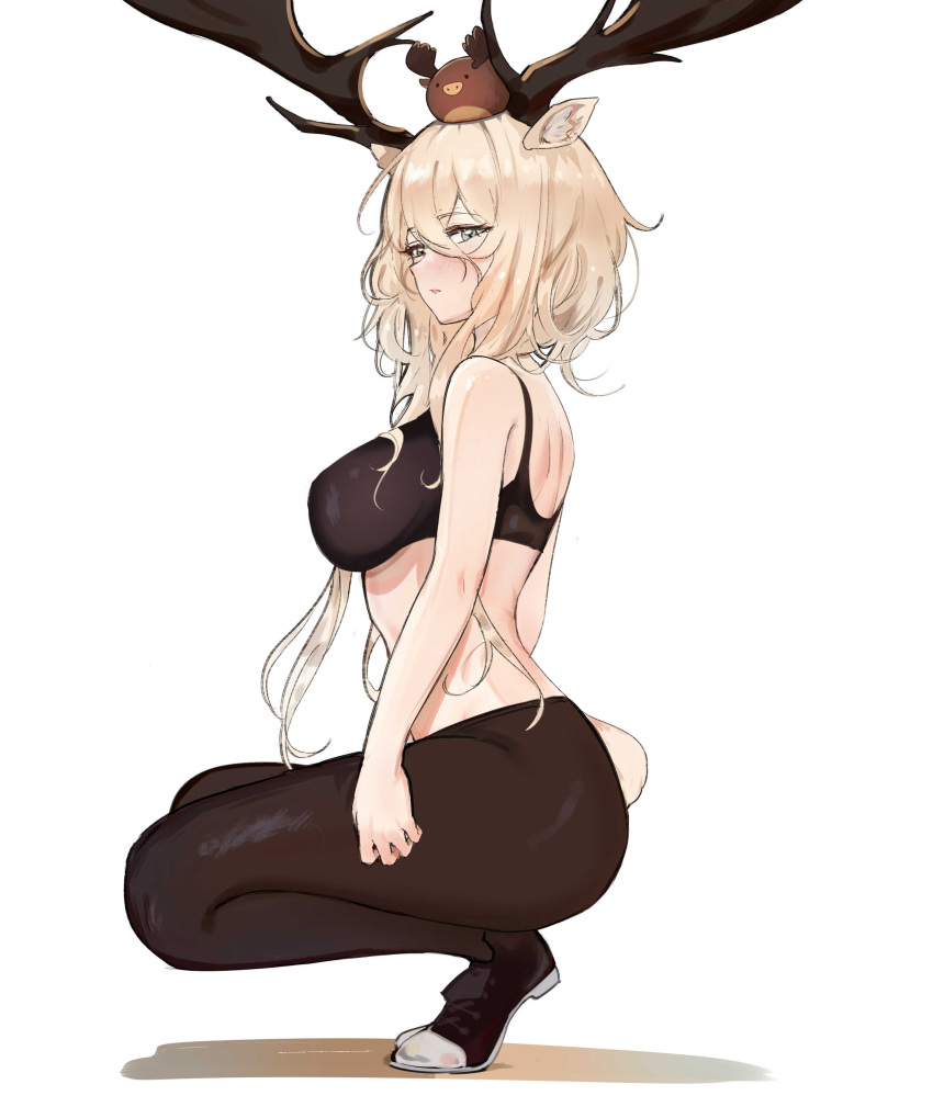 1girl absurdres animal_ears animal_on_head arknights black_pantyhose black_sports_bra blonde_hair blush breasts deer_antlers deer_ears deer_girl deer_tail elsi from_side grey_eyes hair_between_eyes has_bad_revision has_downscaled_revision highres large_breasts looking_at_viewer md5_mismatch on_head pantyhose parted_lips resolution_mismatch shadow simple_background solo source_smaller sports_bra squatting tail viviana_(arknights) white_background