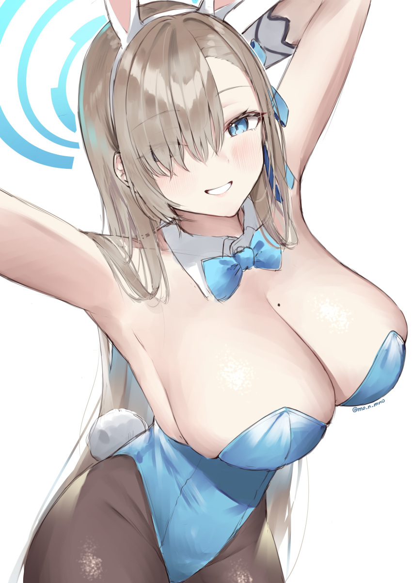 1girl absurdres animal_ears armpits arms_up asuna_(blue_archive) asuna_(bunny)_(blue_archive) bangs blue_archive blue_eyes blue_leotard bow bowtie breasts detached_collar fake_animal_ears gloves hair_over_one_eye halo highres large_breasts leotard light_brown_hair long_hair mole mole_on_breast mono_(mo_n_mno) official_alternate_costume pantyhose playboy_bunny rabbit_ears solo swept_bangs white_gloves