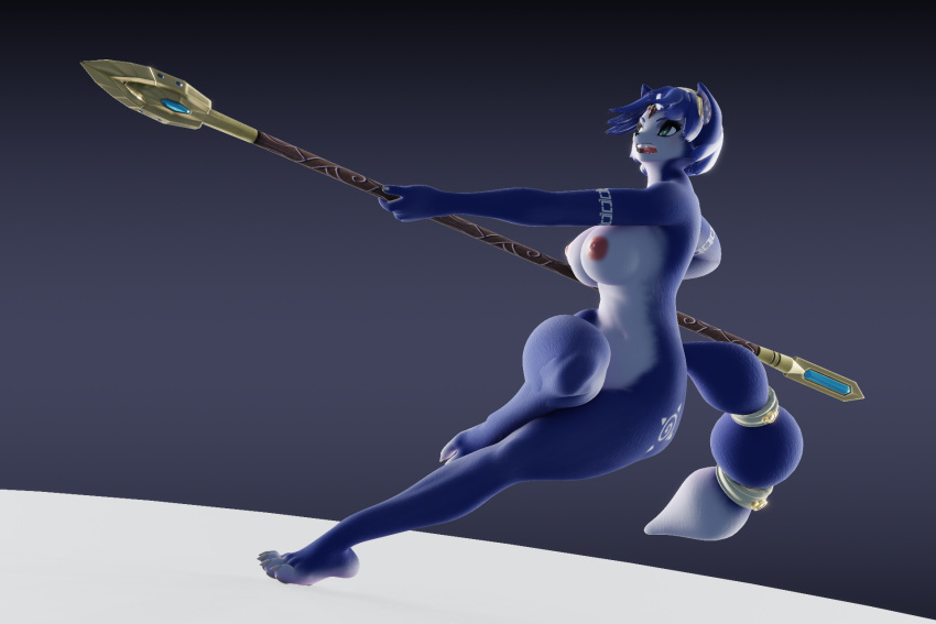 action_pose angry anthro blue_body blue_ears blue_fur blue_hair blue_tail breasts canid canine crossed_legs crown curved_tail dogzeela fangs feet female fever-dreamer fox fur hair headpiece hi_res holding_object holding_weapon krystal mammal markings melee_weapon navel nintendo nipples nude open_mouth paws plantigrade polearm pose simple_background snarling solo spear star_fox star_fox_adventures tail_markings teeth toes video_games weapon white_body white_breasts white_fur white_tail