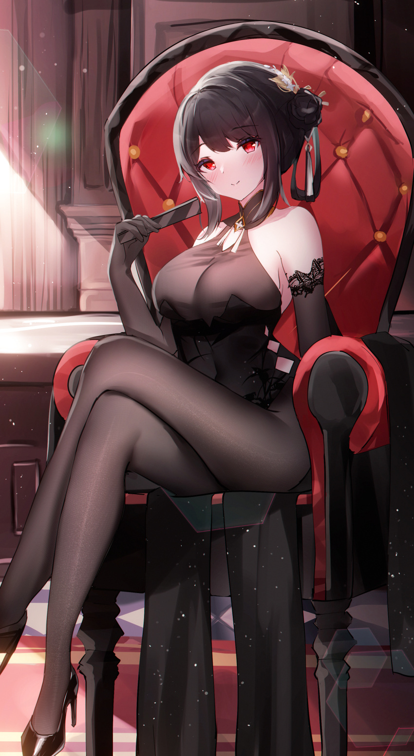 1girl absurdres azur_lane bangs bare_shoulders black_bodysuit black_footwear black_hair black_pantyhose blush bodystocking bodysuit breasts chair chen_hai_(azur_lane) chen_hai_(vestibule_of_wonders)_(azur_lane) china_dress chinese_clothes closed_mouth covered_navel crossed_legs dress elbow_gloves folding_fan foot_out_of_frame gloves hair_bun hand_fan high_heels highres holding holding_fan indoors lace-trimmed_gloves lace_trim large_breasts legs long_hair long_legs looking_at_viewer official_alternate_costume pantyhose red_eyes sidelocks sitting smile solo usagi_(786113654)