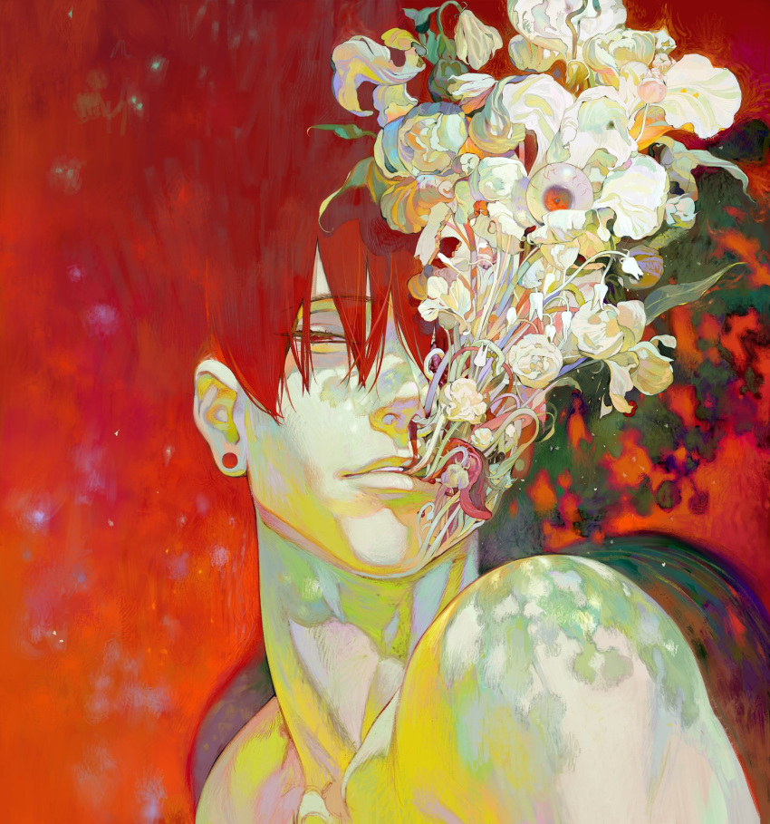 1boy bangs blending blood earrings flower flower_in_mouth half-closed_eyes highres jewelry looking_at_viewer mouth_hold nosebleed original parted_lips portrait quruiqing red_eyes red_hair shadow short_hair solo white_flower