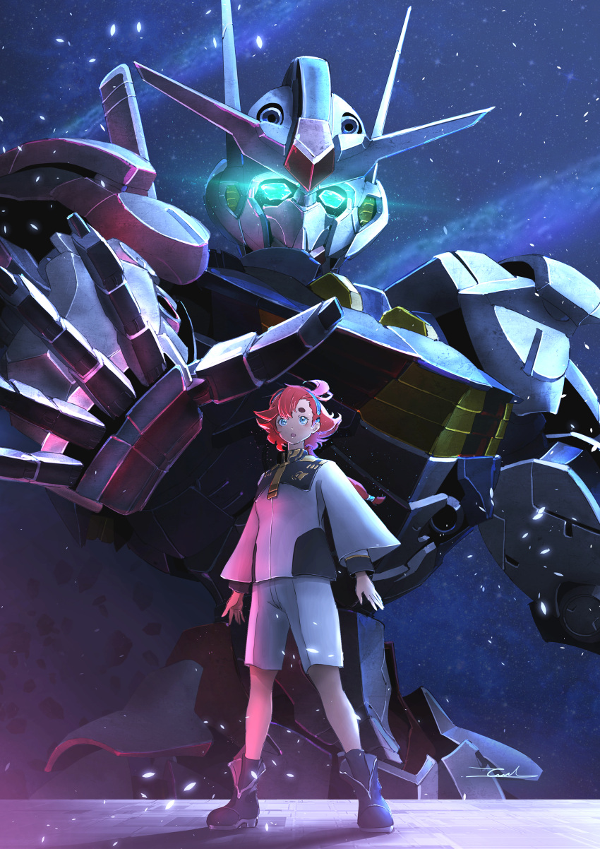 1girl absurdres ahoge bangs black_hairband blue_eyes boots breasts commentary full_body glowing glowing_eyes green_eyes gundam gundam_aerial gundam_suisei_no_majo hairband highres long_hair looking_at_viewer low-tied_long_hair low_ponytail mecha mobile_suit red_hair robot school_uniform signature sky small_breasts standing star_(sky) starry_sky suletta_mercury taka-f upper_body v-fin