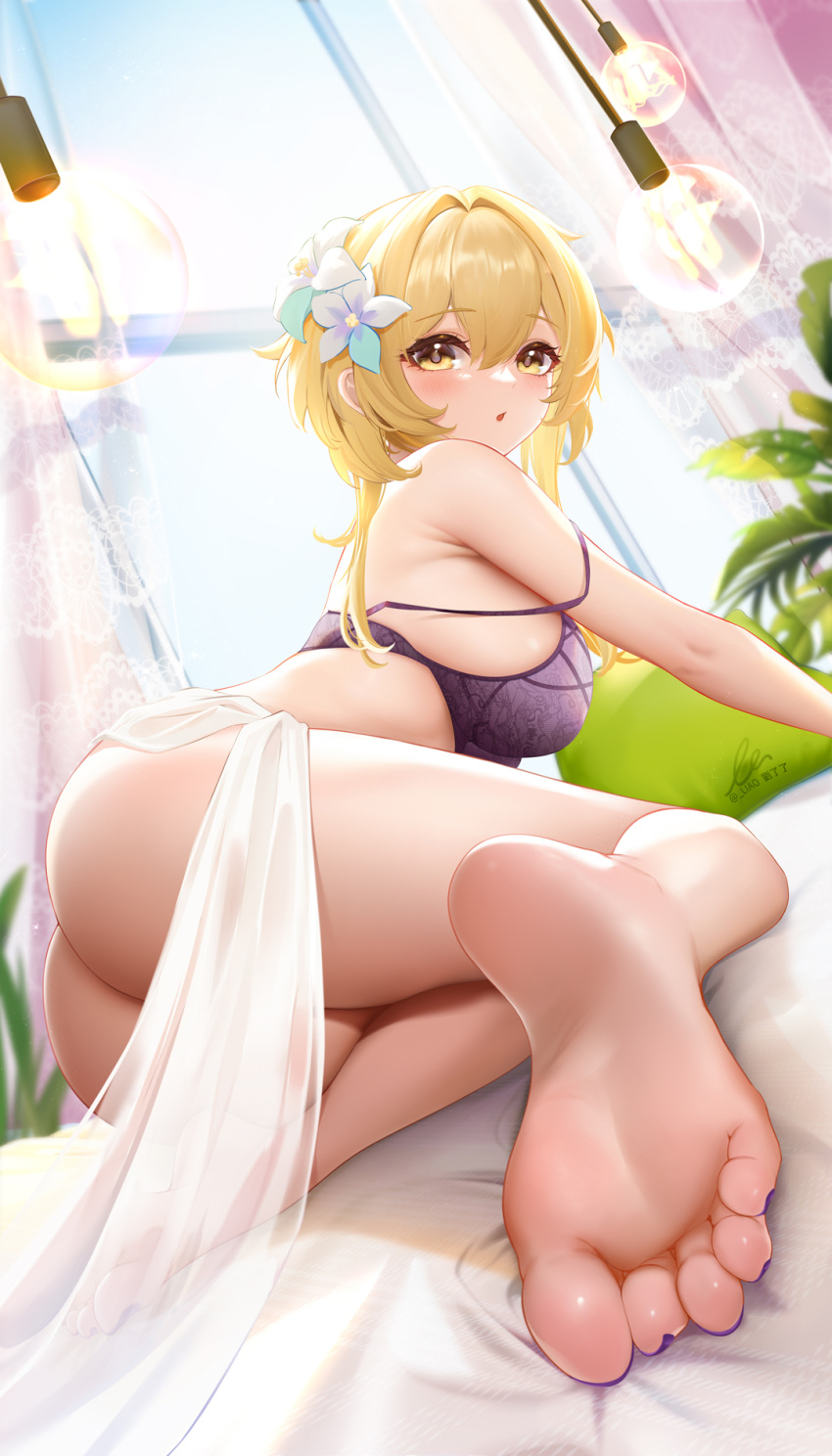 1girl ass bangs barefoot blonde_hair blush bottomless bra breasts feet flower from_behind genshin_impact hair_between_eyes hair_flower hair_ornament hanging_light highres indoors large_breasts liu_liaoliao long_hair looking_at_viewer looking_back lumine_(genshin_impact) nail_polish on_bed parted_lips plant purple_bra purple_nails sign solo toenail_polish toenails twitter_username underwear white_flower yellow_eyes