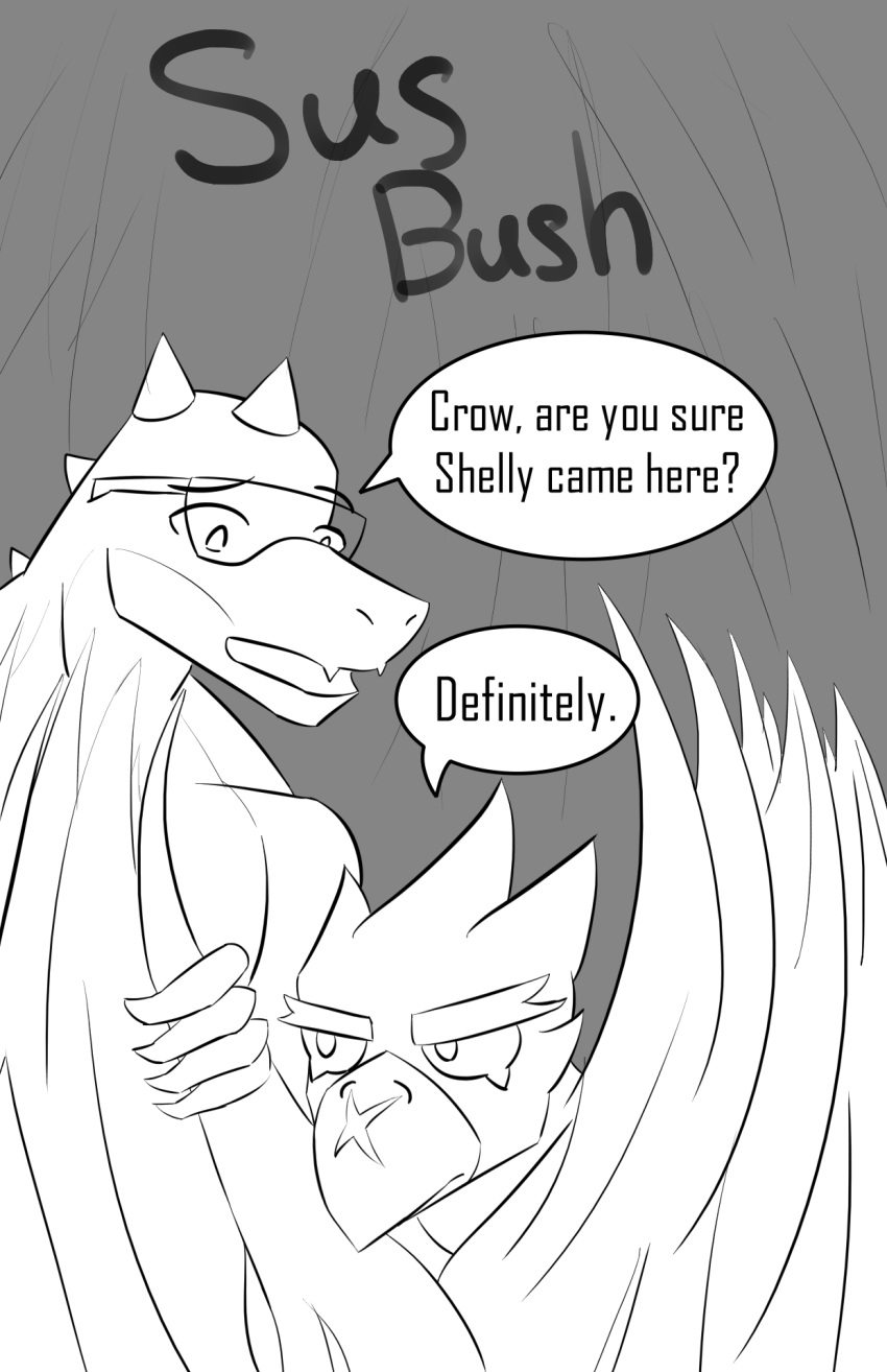 anthro avian bird buzz_(brawl_stars) comic corvid corvus_(genus) crow crow_(brawl_stars) dinosaur duo grass_field grey_background greyscale hi_res male male/male monochrome nielon_saberton oscine passerine reptile scalie simple_background