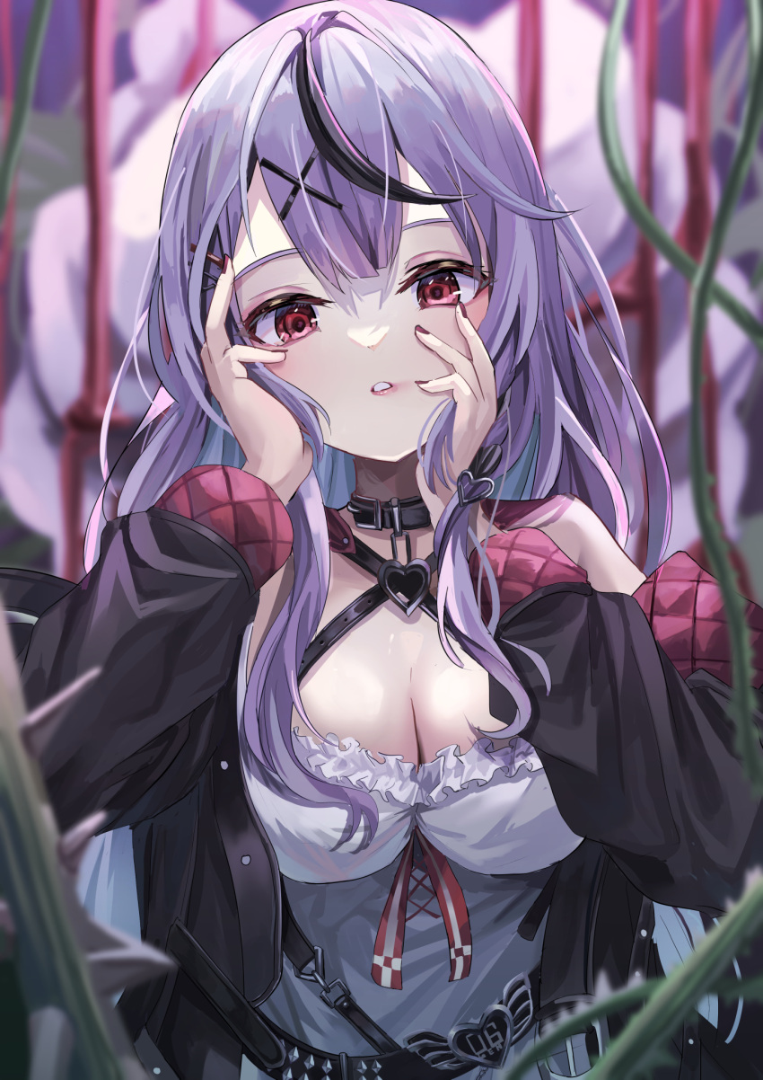 belt black_belt black_collar bow breasts camisole cleavage collar frilled_camisole frills grey_hair hair_between_eyes hair_ornament hands_on_own_face heart_collar heart_pendant highres hololive large_breasts looking_at_viewer multicolored_hair off-shoulder_jacket off_shoulder red_eyes red_nails sakamata_chloe shigiroid streaked_hair virtual_youtuber x_hair_ornament