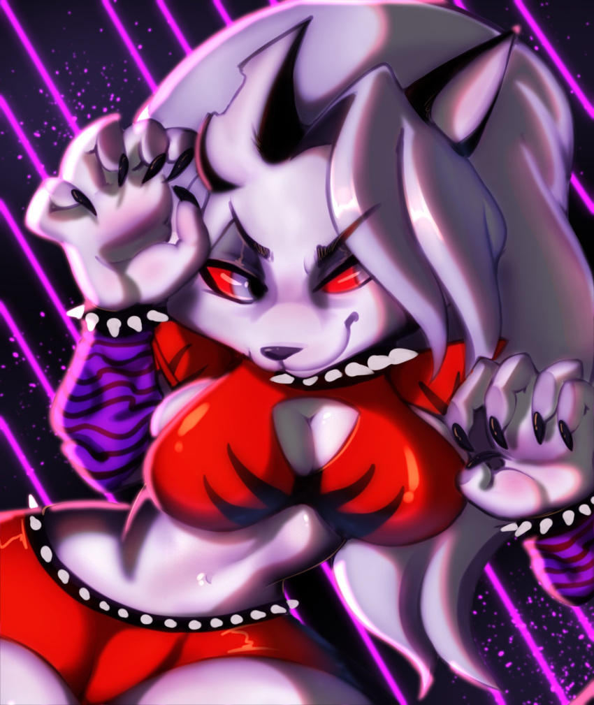 2022 5_fingers anthro arm_warmers armwear belt big_breasts black_nose bracelet breasts canid canid_demon cleavage_cutout clothing collar colored cosplay demon digital_media_(artwork) female fingers five_nights_at_freddy's five_nights_at_freddy's:_security_breach fur grey_body grey_fur grey_hair hair hellhound helluva_boss hi_res jewelry looking_aside loona_(helluva_boss) mammal midriff mitsvalen monotone_hair multicolored_body multicolored_fur notched_ear red_sclera roxanne_wolf_(fnaf) scottgames shaded side_boob smile solo spiked_belt spiked_bracelet spiked_collar spikes two_tone_body two_tone_fur video_games white_body white_eyes white_fur