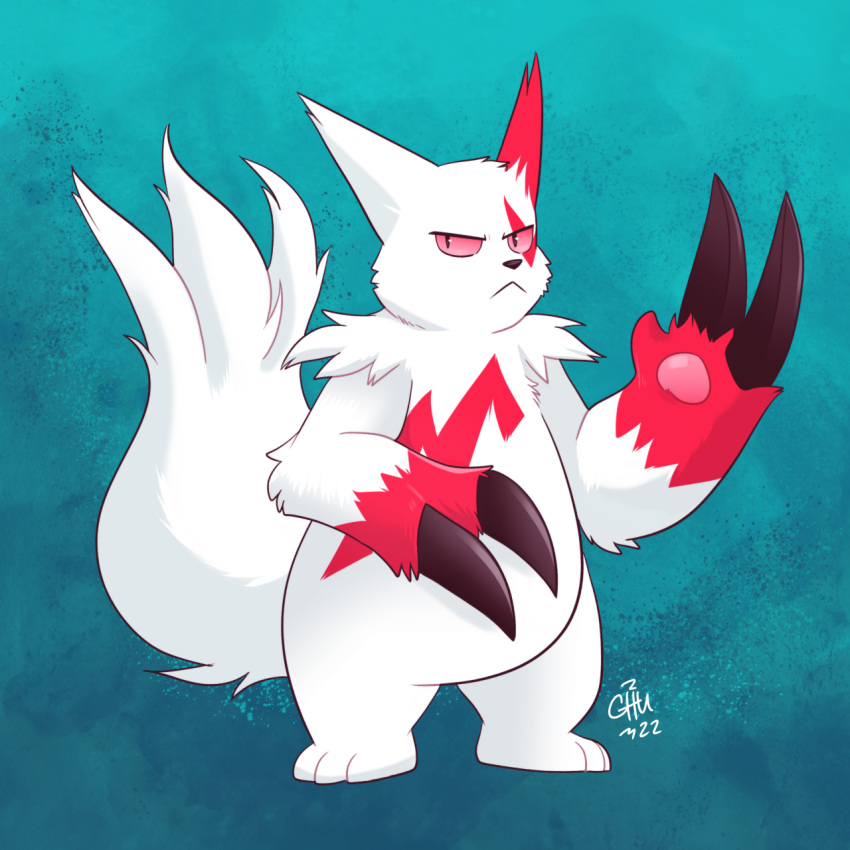 2022 anthro claws generation_3_pokemon hi_res nintendo pokemon pokemon_(species) pose red_eyes signature simple_background solo the-chu video_games zangoose