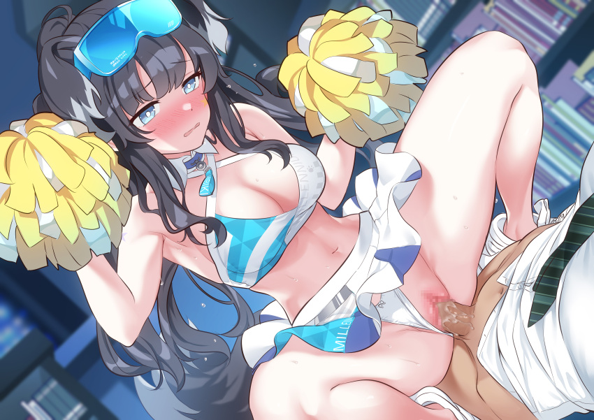 1boy 1girl absurdres animal_ears bangs bare_shoulders black_hair blue_archive blue_eyes blurry blurry_background blush bookshelf breasts censored cheerleader cleavage clothed_sex clothing_aside cowgirl_position dog_ears dog_girl dog_tail dtawawa eyewear_on_head girl_on_top goggles goggles_on_head hetero hibiki_(blue_archive) hibiki_(cheerleader)_(blue_archive) highres holding holding_pom_poms indoors large_breasts long_hair looking_at_viewer miniskirt mosaic_censoring multicolored_hair navel panties panties_aside penis pom_pom_(cheerleading) pussy sex shirt skirt solo_focus spread_legs squatting squatting_cowgirl_position stadium straddling sunglasses tail thighs underwear vaginal white_panties white_skirt