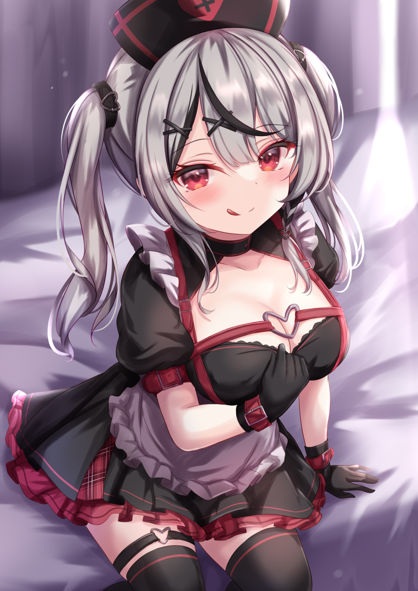 1girl :q bangs black_dress black_gloves black_hair black_headwear black_thighhighs blush breasts cleavage dress gloves grey_hair hair_ornament hat highres hololive large_breasts long_hair looking_at_viewer multicolored_hair nurse_cap on_bed puffy_short_sleeves puffy_sleeves red_eyes sakamata_chloe short_sleeves sitting solo streaked_hair thighhighs tongue tongue_out twintails virtual_youtuber x_hair_ornament yuano