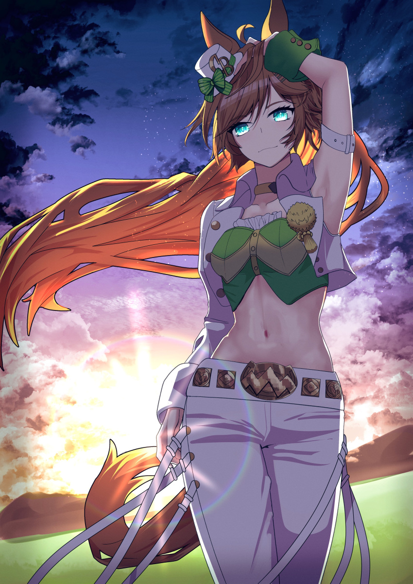 1girl absurdres ahoge animal_ears arm_belt arm_up armpits bangs breasts brown_hair choker closed_mouth cloud cloudy_sky collarbone commentary_request cowboy_shot green_eyes green_shirt groin hair_between_eyes hair_ornament hairclip hat highres horse_ears horse_girl horse_tail jacket long_hair long_sleeves looking_at_viewer medium_breasts midriff mini_hat mini_top_hat mr._c.b._(umamusume) natsuki_iroha navel open_clothes open_jacket outdoors pants shirt sidelocks single_sleeve sky sleeve_cuffs smile solo standing strapless strapless_shirt sunset tail top_hat umamusume white_jacket white_pants yellow_choker
