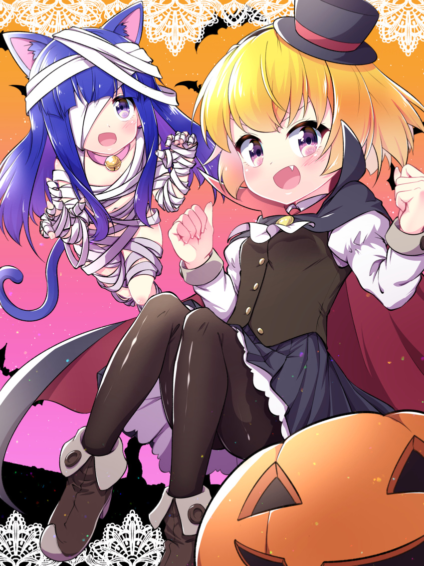 2girls animal_ears bandage_over_one_eye bandaged_head bandages bangs bat_(animal) bell black_cape black_footwear black_headwear black_pantyhose black_vest blonde_hair blue_hair border buttons cape cat_ears cat_tail claw_pose clenched_hands collar colored_inner_hair commentary english_commentary fang furude_rika gradient gradient_background grey_skirt halloween halloween_costume hands_up hat hazumi_otoya highres higurashi_no_naku_koro_ni houjou_satoko jack-o'-lantern lace_trim long_hair long_sleeves looking_at_viewer mini_hat mixed-language_commentary multicolored_hair multiple_girls mummy_costume neck_bell open_mouth orange_background pantyhose pink_background pink_collar pumpkin purple_eyes purple_hair red_cape shirt short_hair skirt smile tail tongue top_hat two-sided_cape two-sided_fabric vampire_costume vest white_shirt