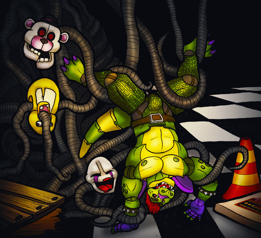 absurd_res alligator alligatorid animatronic anthro chica crocodile crocodilian crocodylid entangled five_nights_at_freddy's five_nights_at_freddy's:_security_breach freddy funtime glamrock group hi_res khaicoon machine male male/male montgomery_gator montgomery_gator_(fnaf) monty pizzaplex reptile robot scalie scottgames security_breach solo tentacles the_blob the_mask video_games