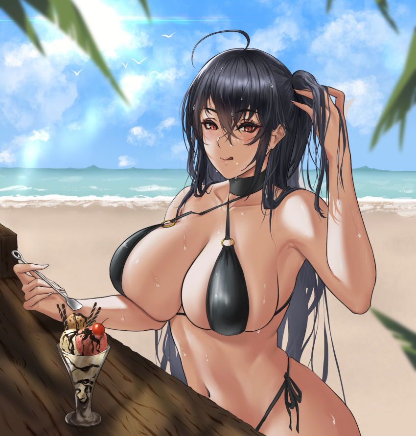 1girl ahoge alternate_costume azur_lane beach bikini black_bikini black_choker black_hair blue_sky breasts chocolate choker cloud cloudy_sky criss-cross_halter duchessofarmeria food halterneck hand_in_own_hair highres ice_cream large_breasts long_hair looking_at_viewer o-ring o-ring_bikini ocean red_eyes sand side-tie_bikini_bottom skindentation sky summer sun sunlight swimsuit taihou_(azur_lane) very_long_hair water