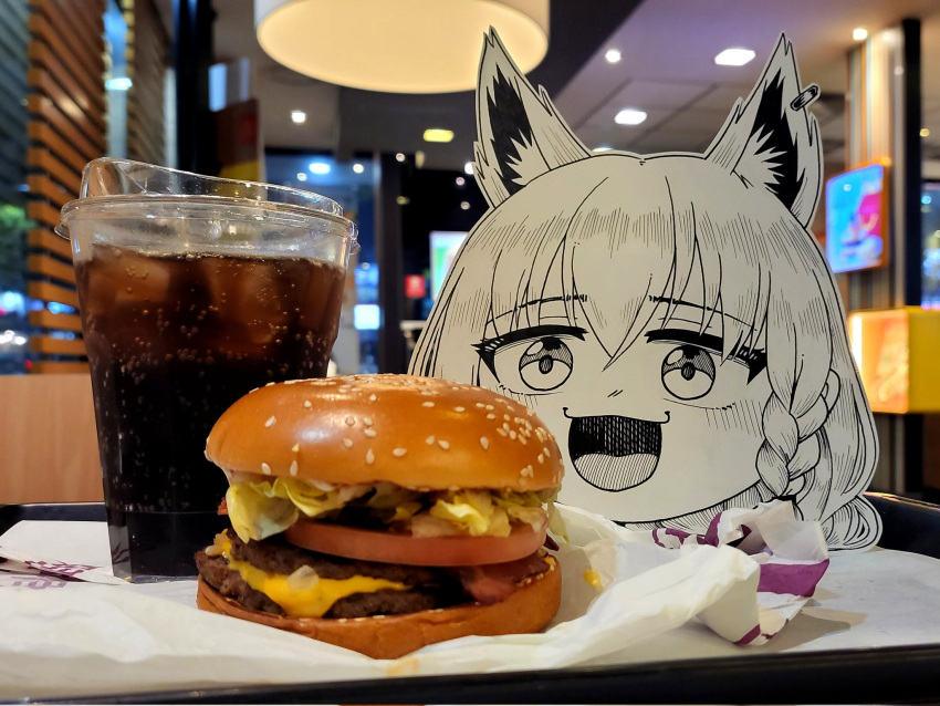 1girl animal_ears braid burger cup diner food fox_ears highres hololive ice interior jqhnharqld open_mouth paper_child shirakami_fubuki soda tongue virtual_youtuber