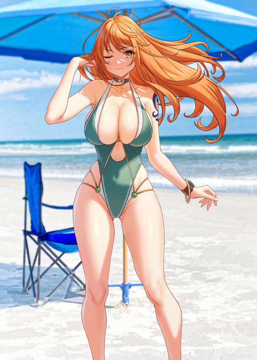 1girl alternate_costume ass_visible_through_thighs beach bracelet breasts brown_eyes closed_mouth commentary covered_navel highres jewelry large_breasts long_hair looking_at_viewer nami_(one_piece) one-piece_swimsuit one_eye_closed one_piece orange_hair outdoors smile solar_(happymonk) solo standing straight-on swimsuit tattoo