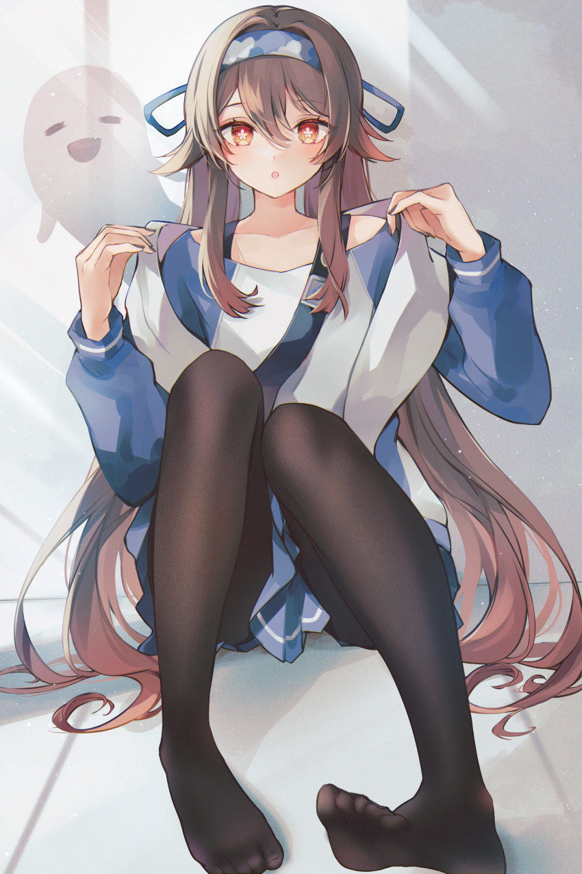 1girl 7aka_ne11 :o absurdres bangs bare_shoulders black_pantyhose boo_tao_(genshin_impact) brown_hair colored_tips feet flower-shaped_pupils genshin_impact gradient_hair hair_flaps hairband highres hu_tao_(genshin_impact) knees_up lawson long_hair long_sleeves looking_at_viewer multicolored_hair official_alternate_costume pantyhose parted_lips pleated_skirt red_eyes red_hair sidelocks sitting skirt solo symbol-shaped_pupils toes twintails