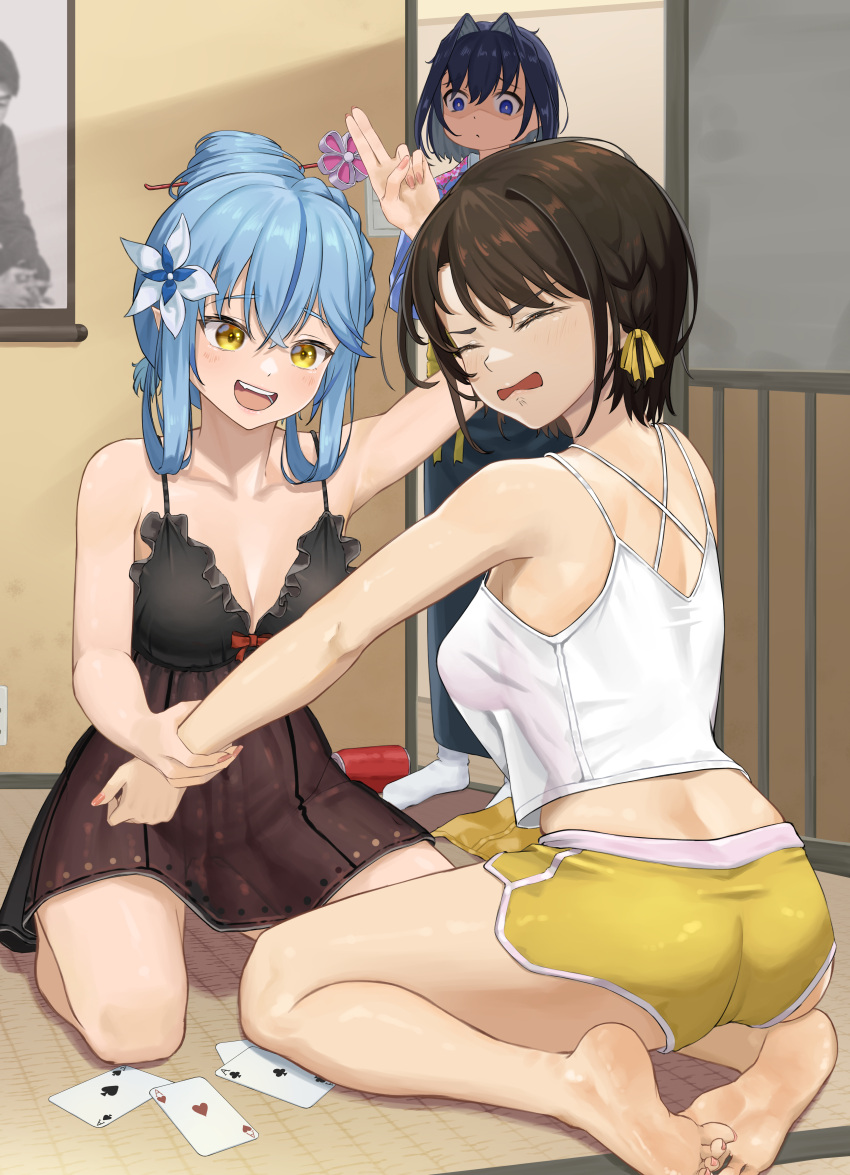 3girls :d absurdres ace_of_clubs ace_of_hearts ace_of_spades bangom_r bangs bare_legs barefoot blue_hair breasts brown_hair card closed_eyes club_(shape) flower hair_between_eyes hair_flower hair_intakes hair_ornament hair_ribbon hair_stick heart highres holding_another's_arm hololive hololive_english looking_at_another medium_breasts multicolored_hair multiple_girls oozora_subaru open_mouth ouro_kronii playing_card pointy_ears ribbon shirt short_hair shorts sitting smile socks spade_(shape) streaked_hair updo virtual_youtuber white_shirt white_socks yagoo yellow_eyes yellow_ribbon yellow_shorts yukihana_lamy