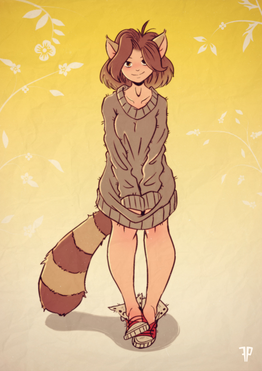 1girl absurdres ahoge animal_ears artist_name blush borrowed_character bottomless breasts brown_hair chromatic_aberration closed_mouth collarbone commentary english_commentary floral_background fox-pop_vli full_body gradient gradient_background grey_sweater happy highres legs long_sleeves looking_at_viewer naked_sweater nose_blush original own_hands_together raccoon_ears raccoon_girl raccoon_tail red_footwear retro_artstyle shoes short_hair small_breasts smile solo split_mouth standing straight-on striped_tail sweater tail v_arms watermark yellow_background yellow_eyes