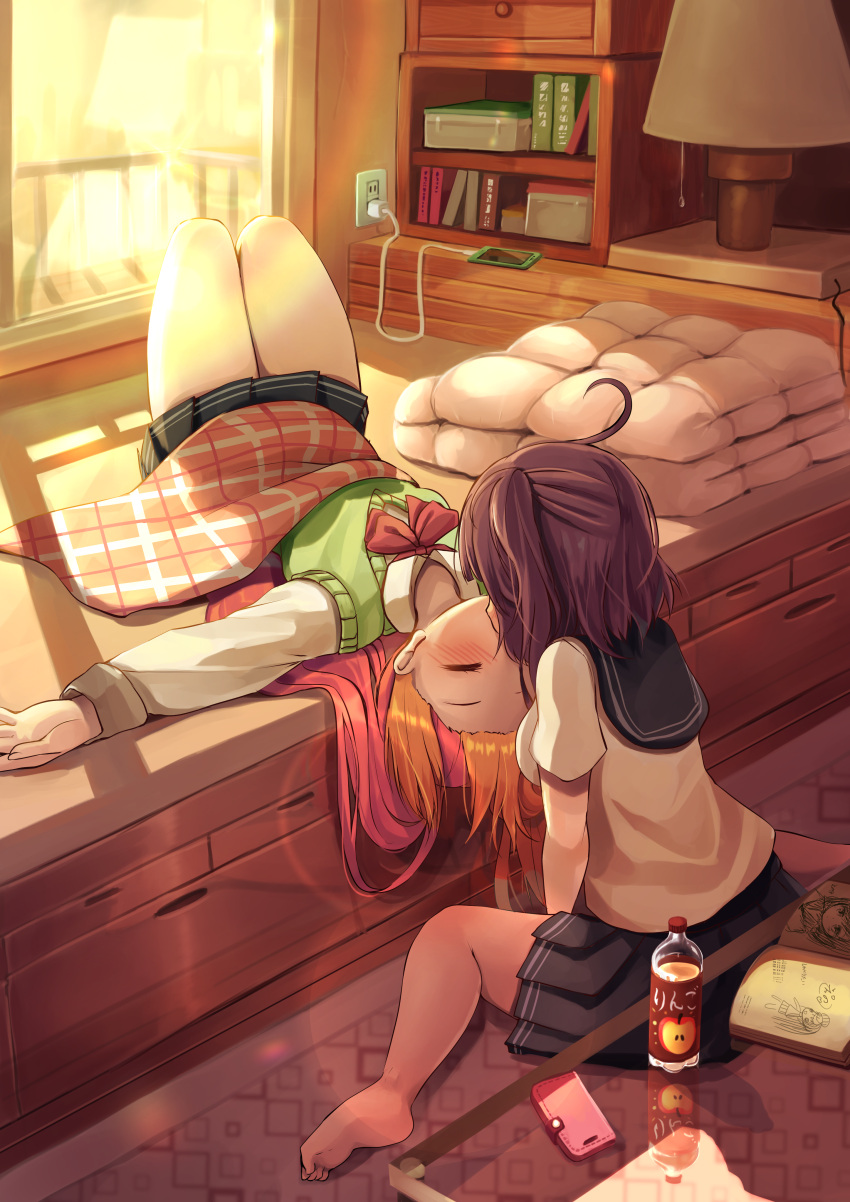 2girls absurdres ahoge blush book charger closed_eyes commentary_request electrical_outlet highres indoors kiss knees_up lamp multiple_girls open_book orange_hair original phone purple_hair reflection sunset upside-down_kiss wanashi_tam window yuri