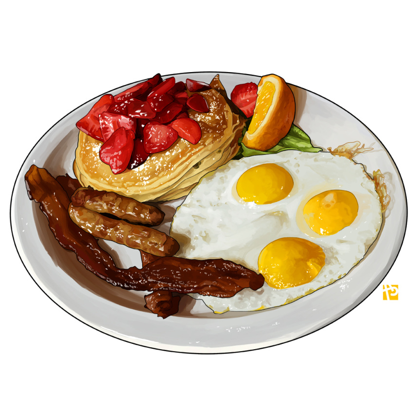 bacon breakfast food food_focus fried_egg fruit no_humans orange_(fruit) orange_slice original pancake pancake_stack plate sausage still_life strawberry studiolg watermark