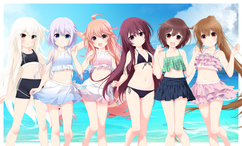 6+girls ahoge artist_name beach bikini bikini_skirt black_bikini black_shorts blue_eyes blue_skirt brown_eyes brown_hair character_name commentary_request cowboy_shot dress flat_chest frilled_bikini frilled_skirt frills front-tie_bikini_top front-tie_top fumizuki_(kancolle) gradient_bikini gradient_hair highres horizon inaba_shiki kantai_collection kikuzuki_(kancolle) kisaragi_(kancolle) long_hair looking_at_viewer midriff mismatched_bikini multicolored_hair multiple_girls mutsuki_(kancolle) navel ocean open_mouth pink_bikini pink_eyes pink_hair pink_skirt ponytail purple_eyes red_hair round_teeth short_hair short_hair_with_long_locks shorts side-tie_bikini_bottom skirt smile sports_bikini sports_bra standing swimsuit teeth thigh_gap upper_teeth uzuki_(kancolle) white_bikini white_hair white_skirt yayoi_(kancolle)