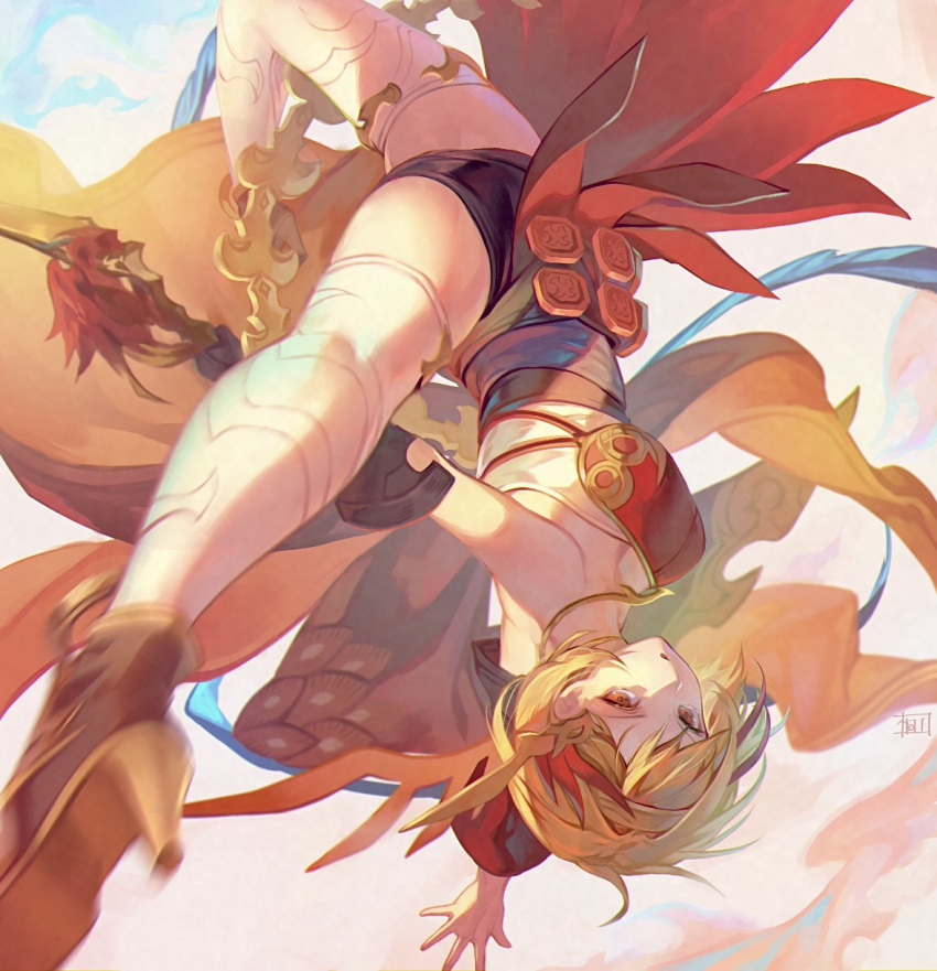 1girl black_gloves black_shorts blonde_hair breasts collarbone djeeta_(granblue_fantasy) elbow_gloves gloves granblue_fantasy highres holding kiriyama2109 medium_breasts micro_shorts open_mouth orange_eyes outstretched_arms short_hair shorts solo strapless thighhighs upside-down white_thighhighs