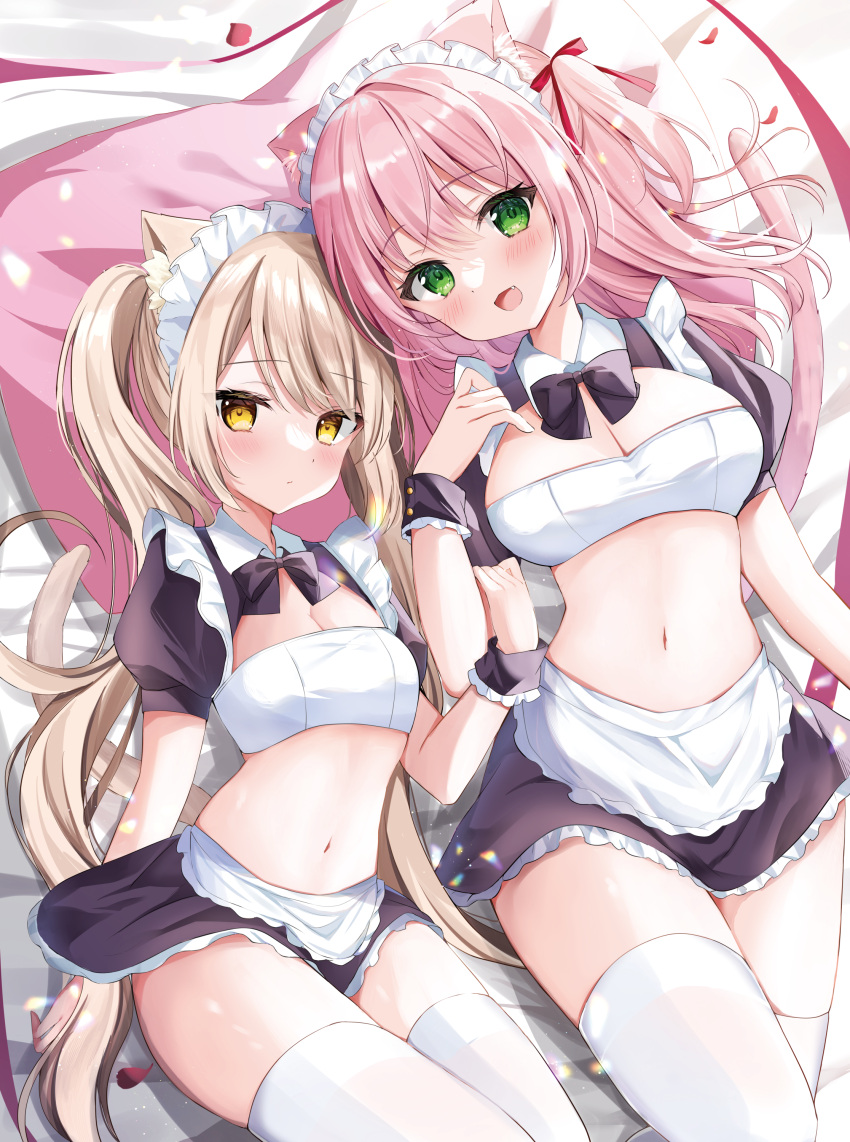 2girls :d animal_ears apron black_shirt black_skirt bow bowtie breasts brown_hair cat_ears cat_girl cat_tail cleavage collared_shirt crop_top fang frilled_shirt frills green_eyes hair_ribbon hamico highres large_breasts long_hair looking_at_viewer lying maid maid_apron maid_headdress midriff miniskirt multiple_girls navel on_back one_side_up open_mouth original pillow pink_hair ribbon shirt short_sleeves skirt small_breasts smile stomach tail thighhighs thighs twintails very_long_hair waist_apron white_thighhighs wrist_cuffs yellow_eyes zettai_ryouiki