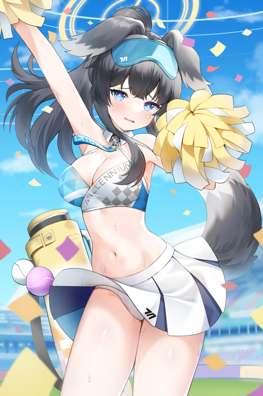 1girl absurdres animal_ears armpits bare_shoulders black_hair blue_archive blue_eyes blue_sky blush breasts cheering cheerleader cleavage cloud confetti cowboy_shot crop_top day dog_ears dog_girl dog_tail eyewear_on_head goggles goggles_on_head groin halo hibiki_(blue_archive) hibiki_(cheerleader)_(blue_archive) highres holding holding_pom_poms long_hair looking_at_viewer midriff miniskirt navel neko_lu_(wofud453) official_alternate_costume outdoors panties pantyshot pleated_skirt pom_pom_(cheerleading) ponytail skirt sky sleeveless solo sticker_on_face stomach sweat tail underwear white_panties white_skirt