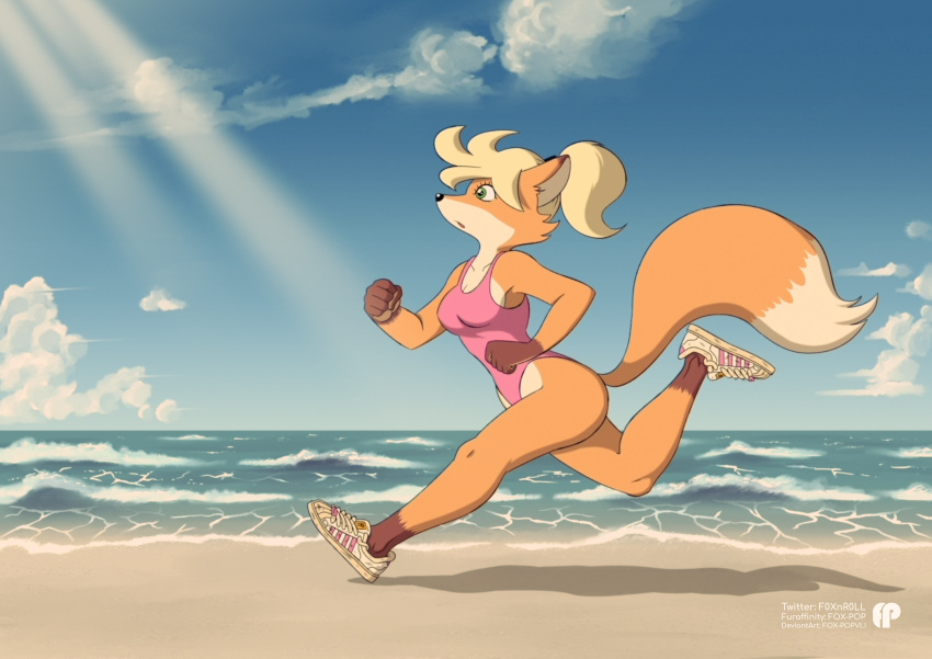 1girl absurdres animal_ears animal_nose artist_name bangs bare_shoulders beach blonde_hair blue_sky body_fur breasts brown_fur clenched_hands cloud commentary cross-laced_footwear day deviantart_username english_commentary fox-pop_vli fox_ears fox_girl fox_tail from_side full_body furaffinity_username furry furry_female green_eyes hair_tie hand_up highleg highleg_swimsuit highres horizon leg_up legs light_rays medium_breasts multicolored_fur ocean one-piece_swimsuit open_mouth orange_fur original outdoors pink_one-piece_swimsuit ponytail profile running sand shoes short_hair sky sneakers snout solo sunlight swimsuit tail twitter_username water watermark white_footwear white_fur