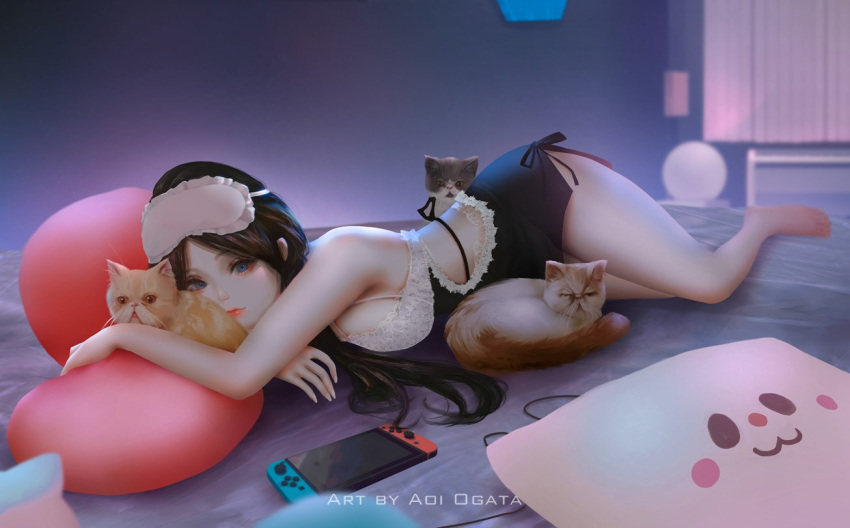 1girl animal aoi_ogata arm_up artist_name bare_shoulders barefoot bed_sheet black_dress black_hair blue_eyes cat clip_studio_paint_(medium) closed_mouth commentary commission curtains dress english_commentary full_body indoors long_hair looking_at_viewer nintendo_switch original pillow sleeveless sleeveless_dress solo