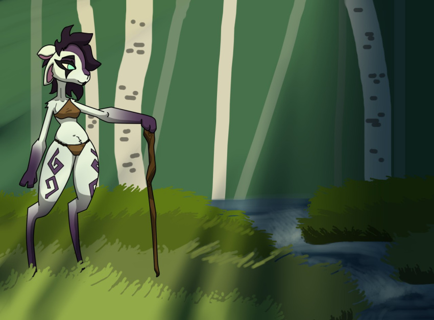 2019 4_ears anthro bovid breasts brown_clothing caprine clothing detailed_background digital_media_(artwork) eyelashes eyeshadow female florest fur gloves_(marking) goat grass green_eyes hair kindred_(lol) league_of_legends leg_markings makeup mammal markings multi_ear plant purple_body purple_fur purple_hair purple_markings riot_games river smile socks_(marking) solo squablodecomplash staff tayja_(squablodecomplash) tree underwear video_games white_body white_fur