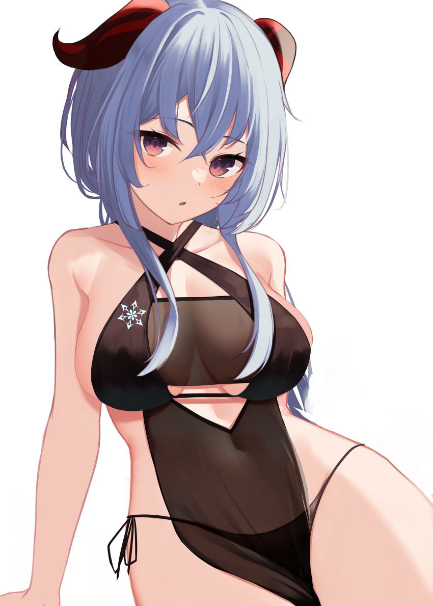 1girl absurdres bangs bare_arms bare_shoulders bikini bikini_under_clothes black_bikini blue_hair blush breasts commentary_request cowboy_shot criss-cross_halter ganyu_(genshin_impact) genshin_impact goat_horns halterneck highres horns large_breasts long_hair looking_at_viewer memekko navel side-tie_bikini_bottom sidelocks solo stomach string_bikini swimsuit