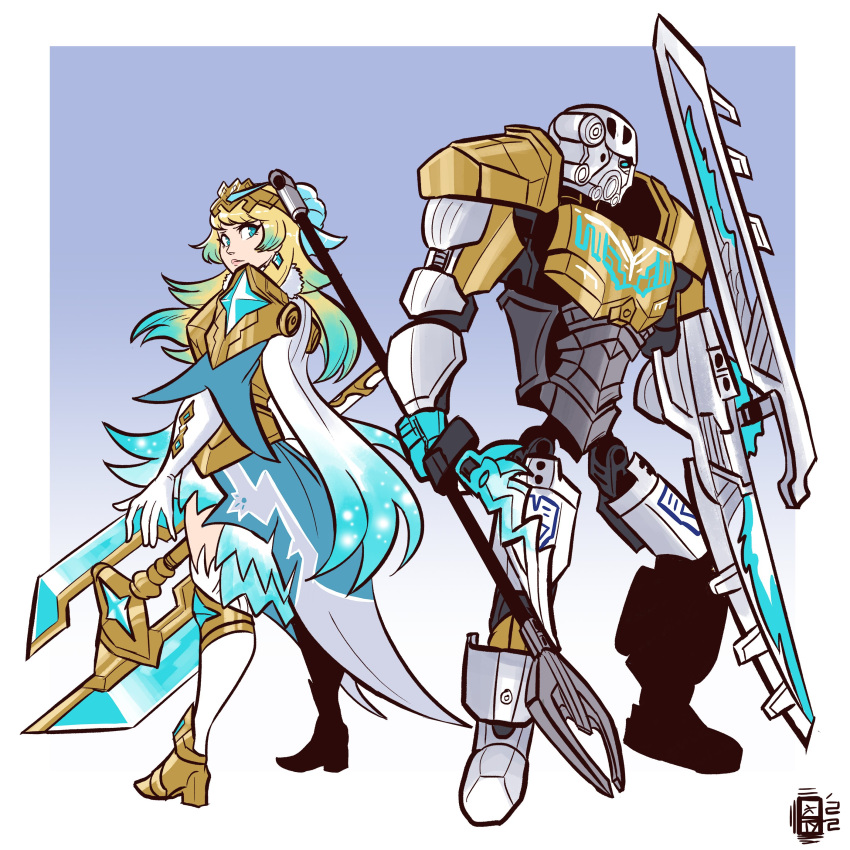 1boy 1girl absurdres axe bionicle blonde_hair blue_eyes boots cape crossover earrings facing facing_away feather_trim fire_emblem fire_emblem_heroes fjorm_(fire_emblem) flower gold_armor gold_trim green_hair hair_flower hair_ornament helmet highres holding holding_axe holding_polearm holding_weapon jewelry kopaka_(bionicle) looking_back multicolored_hair polearm scruffyturtles the_lego_group thigh_boots thighs tiara watermark weapon white_armor