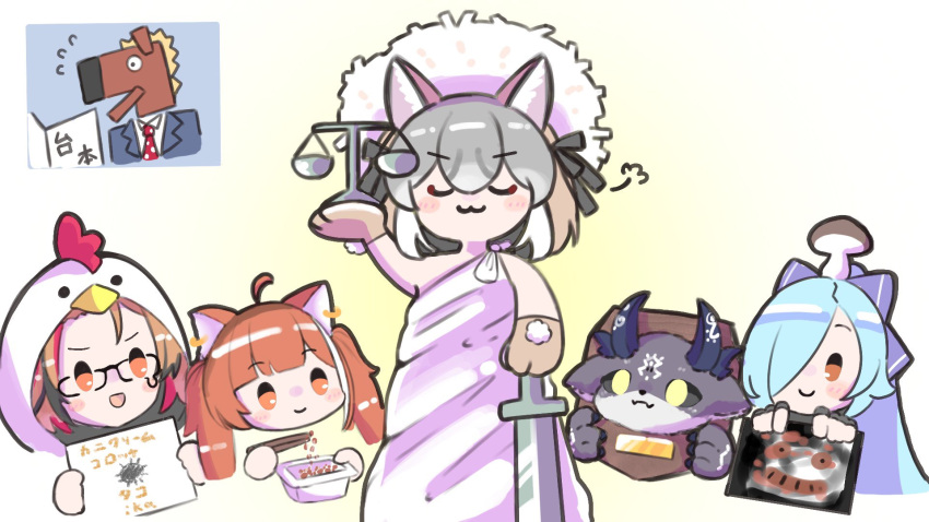 .live 774_inc. animal_ear_fluff animal_ears animare bacharu_(vtuber) blue_hair dansei_virtual_youtuber_bacharu debidebi_debiru empty17033658 extra_ears formal glasses gloves grey_hair hat highres horns island_fox_(kemono_friends) kazami_kuku kemono_friends kemono_friends_v_project long_hair multicolored_hair mushroom necktie nijisanji orange_eyes orange_hair ratna_petit ribbon simple_background suit virtual_youtuber yamato_iori yellow_eyes