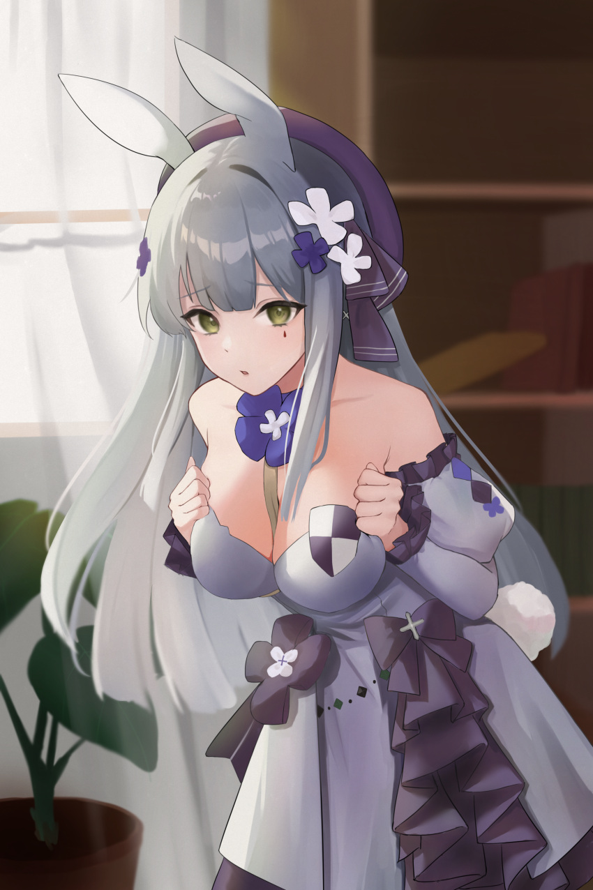 absurdres animal_ears bangs blunt_bangs breast_squeeze breasts choker cleavage detached_sleeves dress facial_mark flower flower_choker frilled_dress frills girls'_frontline green_eyes grey_hair hair_flower hair_ornament hands_on_own_breasts hands_on_own_chest hat highres hk416_(girls'_frontline) hk416_(herbal-flavored_hard_candy)_(girls'_frontline) kurage_(yoni_0327) long_hair official_alternate_costume rabbit_ears shield strapless strapless_dress teardrop teardrop_facial_mark teardrop_tattoo
