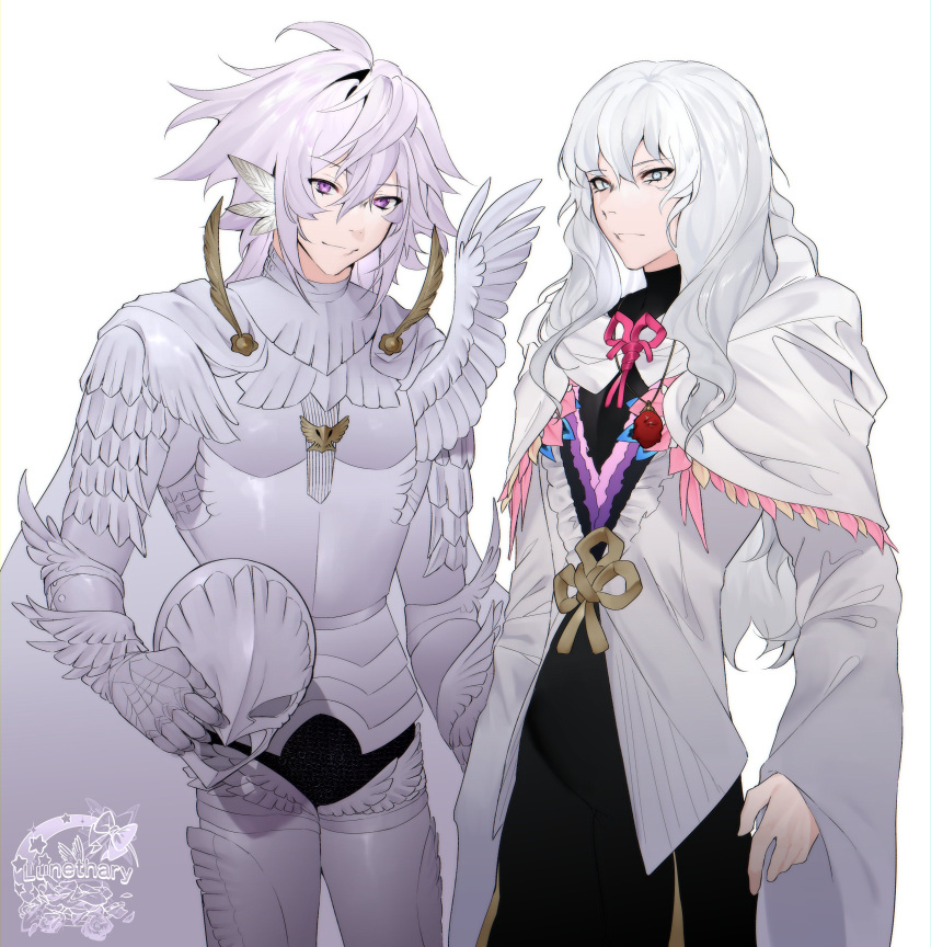 2boys absurdres alternate_costume armor artist_name behelit berserk blue_eyes cape closed_mouth cosplay costume_switch crossover facing_viewer fate/grand_order fate_(series) griffith_(berserk) helmet highres holding holding_helmet jewelry long_hair long_sleeves looking_at_viewer lunethary merlin_(fate) multiple_boys necklace purple_eyes robe shoulder_armor signature simple_background white_background white_cape white_hair white_robe