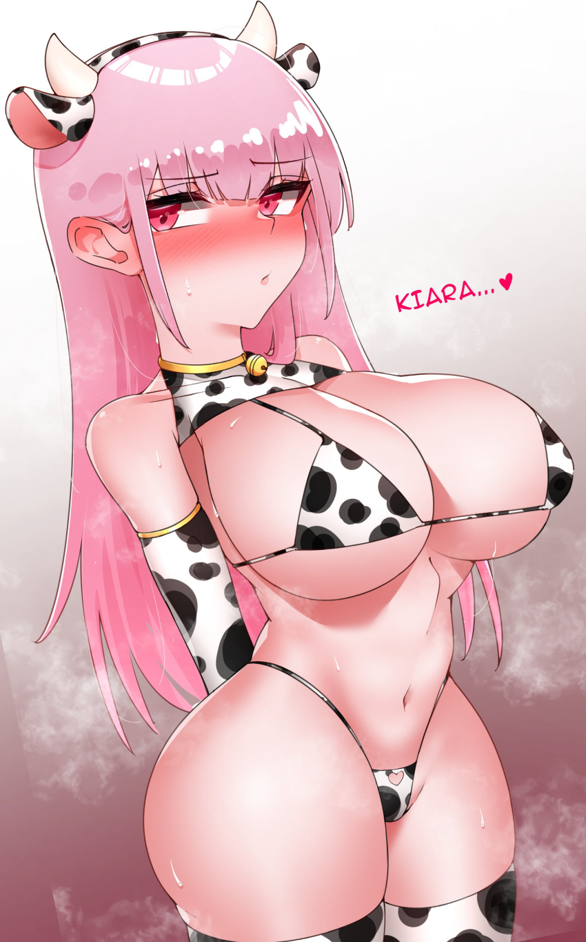 1girl absurdres animal_ears animal_print bell bikini blush breasts choker cleavage commentary cow_ears cow_horns cow_print elbow_gloves english_commentary english_text fake_animal_ears fake_horns gloves highres hololive hololive_english honeymelon horns jingle_bell large_breasts long_hair looking_at_viewer mori_calliope navel pink_hair red_eyes swimsuit thighhighs virtual_youtuber yellow_choker