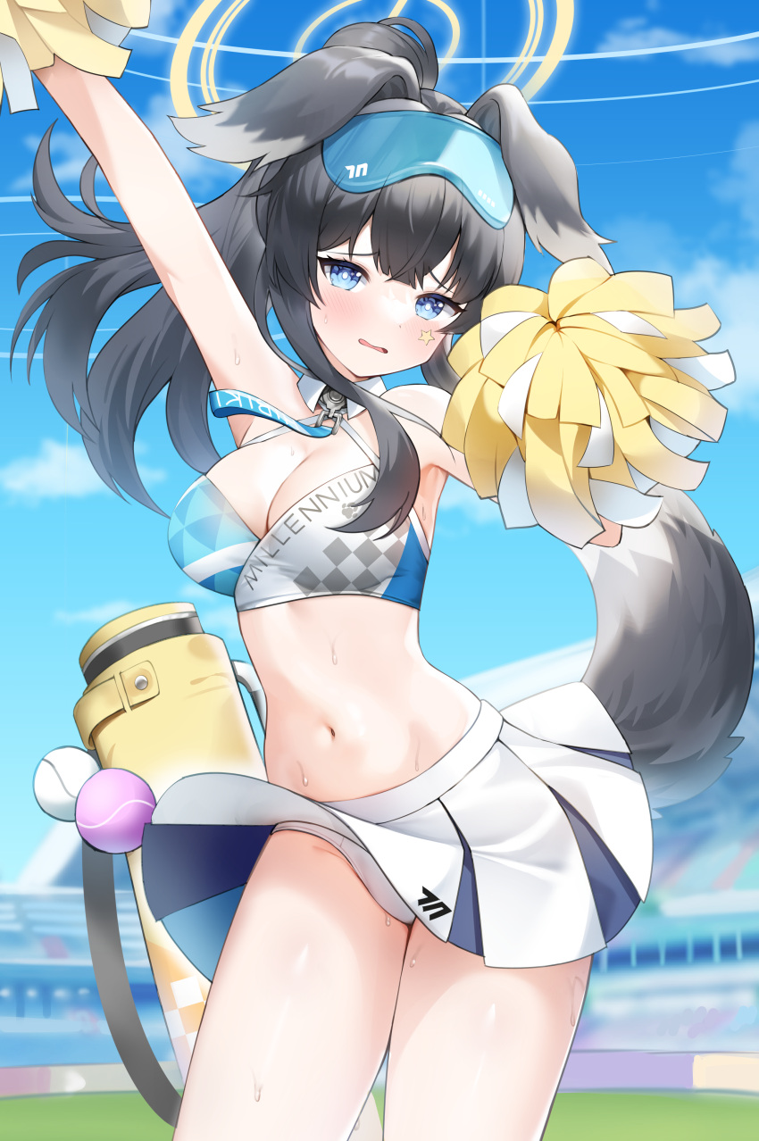 1girl absurdres animal_ears armpits bare_shoulders black_hair blue_archive blue_eyes blue_sky blush breasts cheering cheerleader cleavage cloud cowboy_shot crop_top day dog_ears dog_girl dog_tail eyewear_on_head goggles goggles_on_head groin halo hibiki_(blue_archive) hibiki_(cheerleader)_(blue_archive) highres holding holding_pom_poms long_hair looking_at_viewer midriff miniskirt navel neko_lu_(wofud453) official_alternate_costume outdoors panties pantyshot pleated_skirt pom_pom_(cheerleading) ponytail skirt sky sleeveless solo sticker_on_face stomach sweat tail underwear white_panties white_skirt