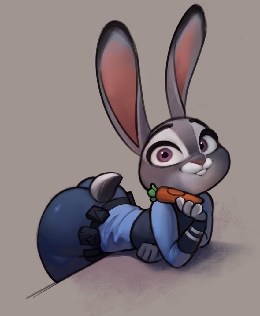 2022 anthro butt carrot_pen clothed clothing disney female fur grey_body grey_fur hi_res judy_hopps lagomorph leporid mammal police_uniform purple_eyes qupostuv35 rabbit smile solo uniform zootopia