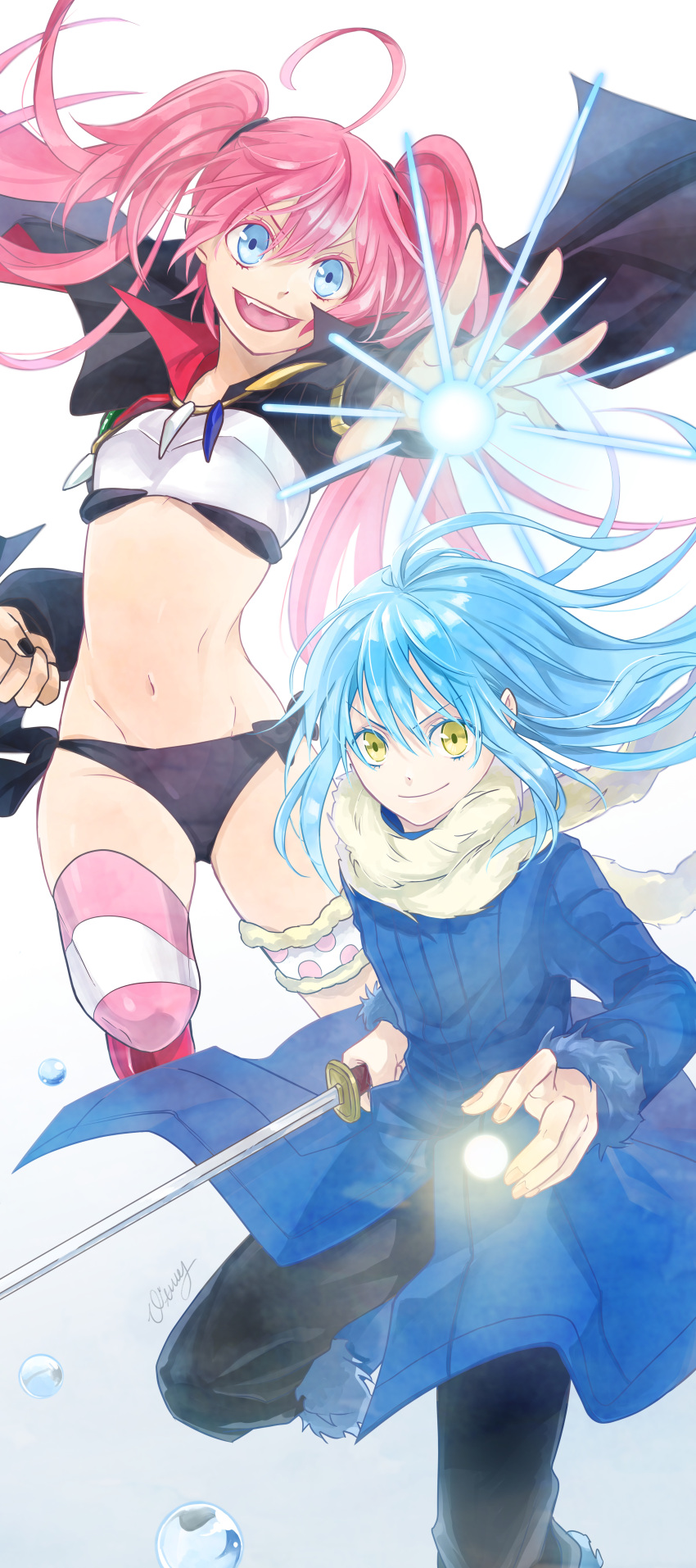 1girl 1other :d absurdres ahoge bangs black_bow black_cape black_nails black_panties black_pants blue_coat blue_eyes blue_hair bow breasts cape closed_mouth coat crop_top fang floating_hair hair_between_eyes highres holding holding_sword holding_weapon katana long_hair looking_at_viewer midriff milim_nava nail_polish navel open_mouth panties pants pink_hair rimuru_tempest shiny shiny_hair side-tie_panties signature small_breasts smile stomach straight_hair sword tensei_shitara_slime_datta_ken twintails underwear very_long_hair wata_miya_(shiro_momen) weapon white_background yellow_eyes