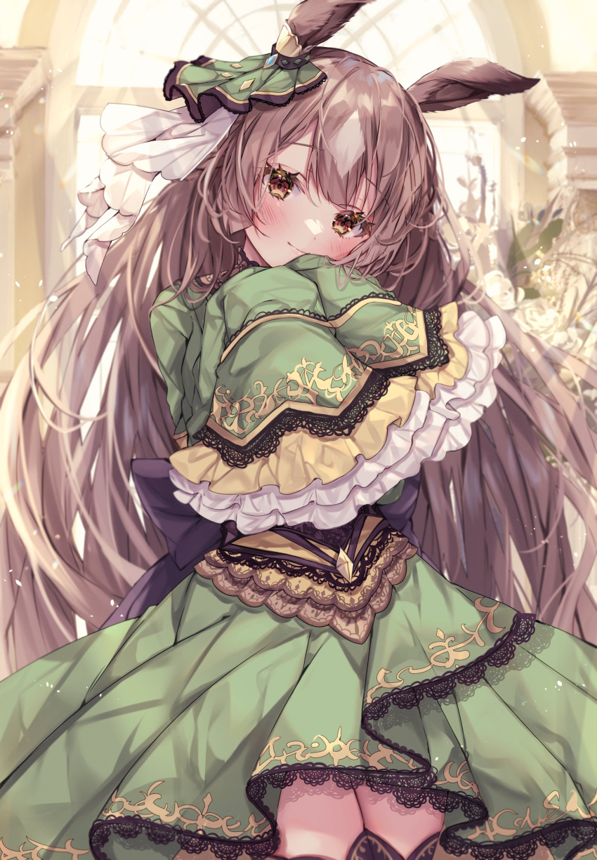 1girl absurdres animal_ears blush brown_eyes brown_hair closed_mouth cowboy_shot dress ear_ribbon flower frilled_sleeves frills green_dress green_ribbon head_tilt highres horse_ears horse_girl indoors long_hair long_sleeves looking_at_viewer multicolored_hair ribbon satono_diamond_(umamusume) sleeves_past_fingers sleeves_past_wrists smile solo sorashima_(117) streaked_hair thighhighs umamusume very_long_hair white_flower white_hair window