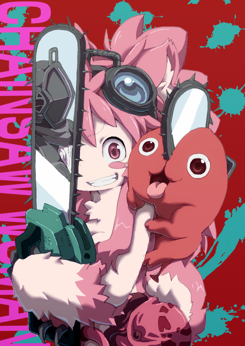 animal_ears animate_object big_eyes black_claws chainsaw claws crazy english_text furry furry_female glasses highres liquid made_in_abyss mitty_(made_in_abyss) nanachi_(made_in_abyss) open_mouth otter otter_ears otter_tail pink_bag pink_fur pink_hair red_background red_pupils smile tail teeth tongue tongue_out ximu_shilang