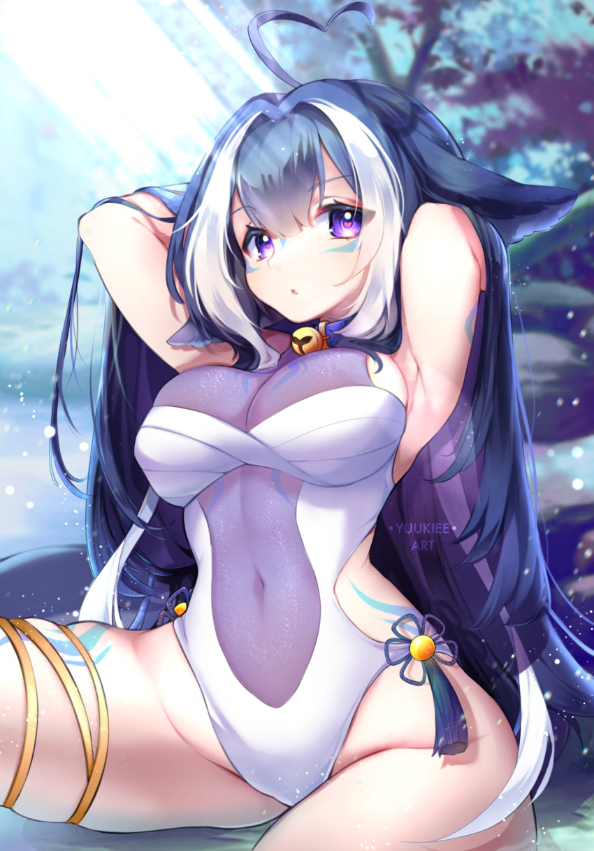 1girl ahoge animal_ears arm_tattoo arms_behind_head artist_name bell belt_collar black_hair blue_collar breasts cetacean_tail chest_tattoo cleavage collar commentary covered_navel english_commentary facial_tattoo heart heart-shaped_pupils heart_ahoge highres indie_virtual_youtuber jingle_bell large_breasts leg_tattoo long_hair looking_at_viewer navel one-piece_swimsuit open_mouth orca_girl purple_eyes see-through see-through_swimsuit shylily swimsuit symbol-shaped_pupils tattoo thigh_strap virtual_youtuber white_hair white_one-piece_swimsuit yuukieeart